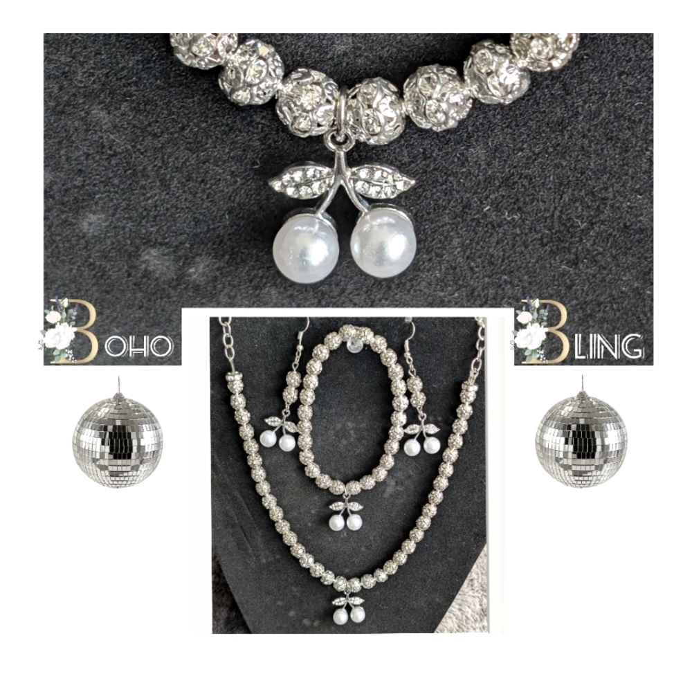 "Cherry Sparkle" Handmade Jewelry Set - Silver & Pearl Accent